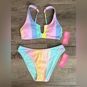 Women’s Pastel Rainbow Striped Bikini Set, Size XS